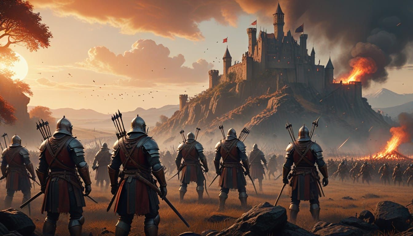 "Generate an ultra-realistic cinematic image from the perspective of defenders standing on the high stone walls of a medieval castle. The ca...