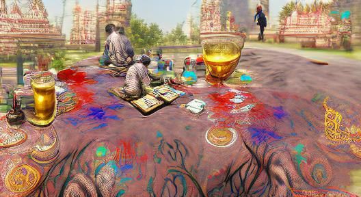 Hindu Gods playing cards and drinking wine graffiti dye-tran...