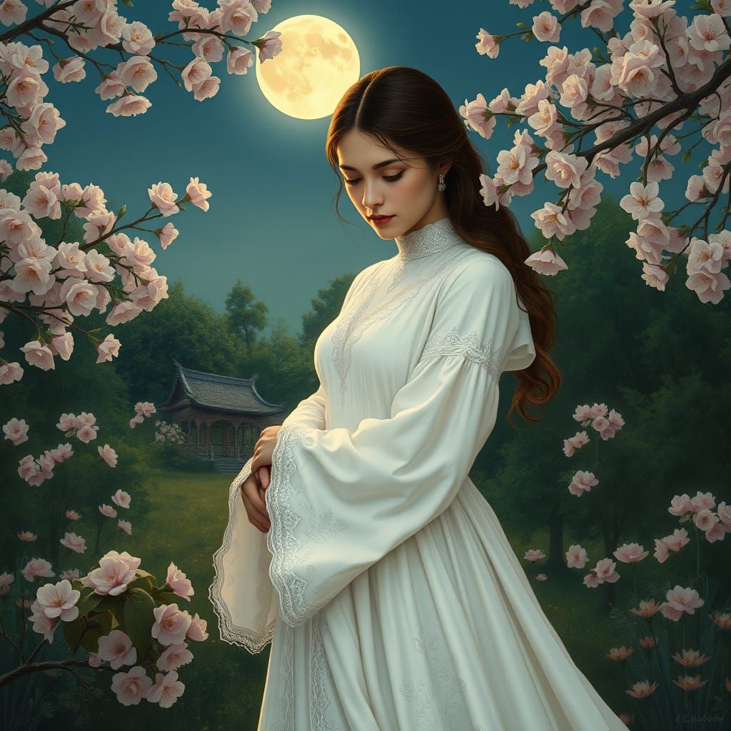 A Serene Moonlit Goddess in Cherry Blossom Glory