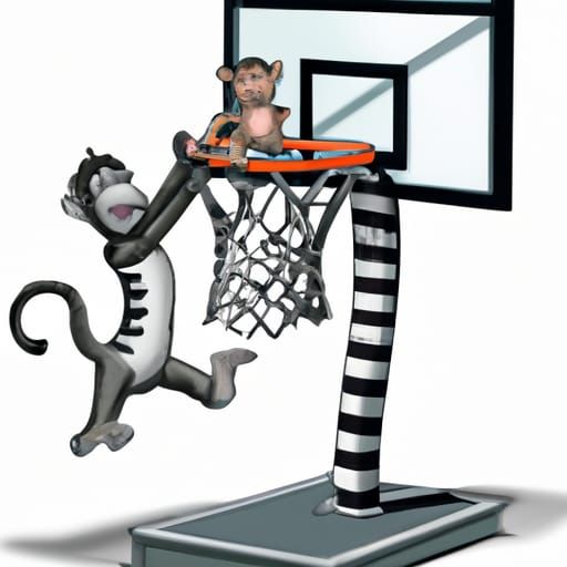 monkey dunking on a basketball goal holding a zebra baby