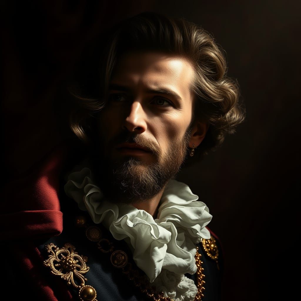 10: Baroque portrait man, dramatic shadows, gold ornaments, rich textures, regal  by @Zaneta Neuzilova