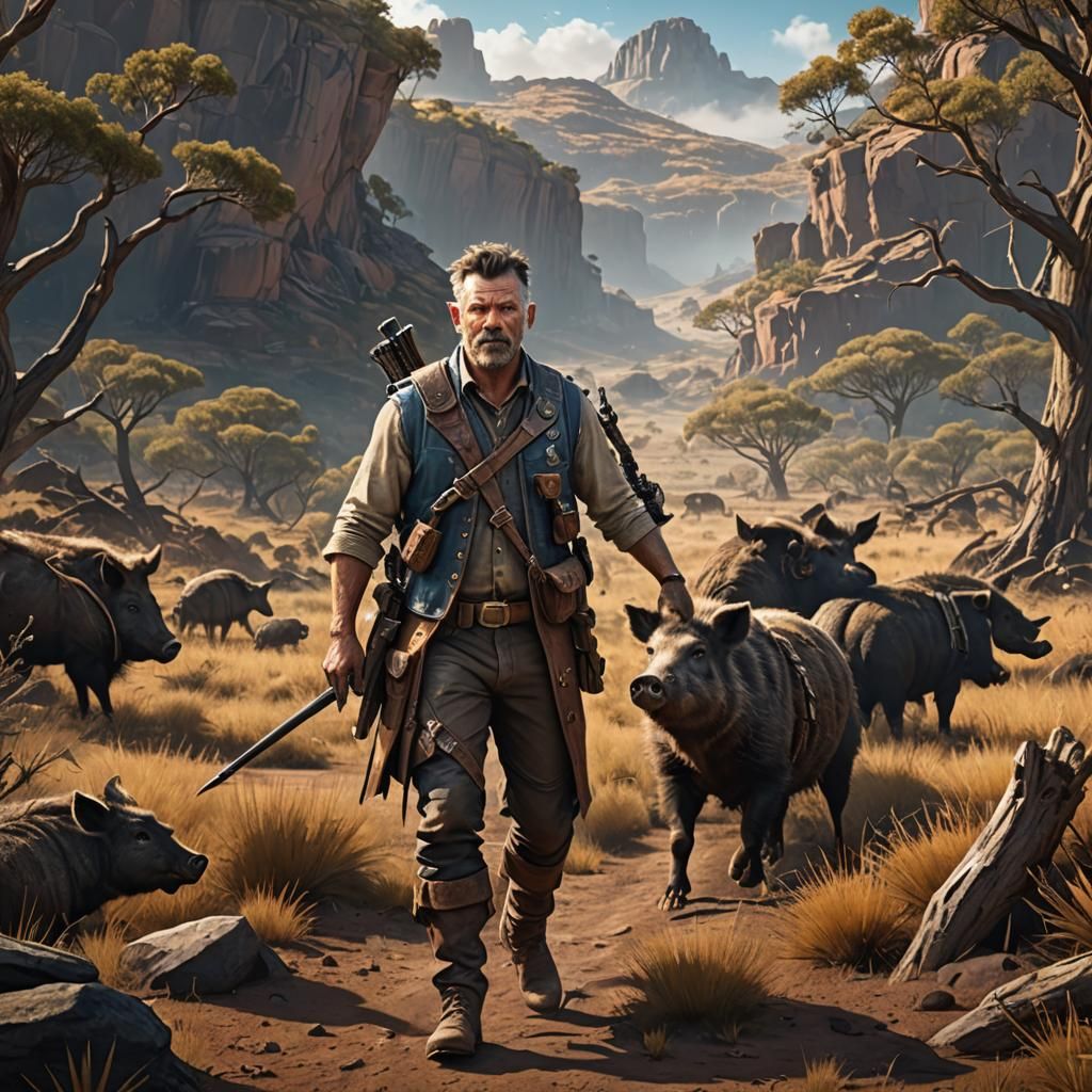 An Australian outback Tracker in Western vest with wild boar...