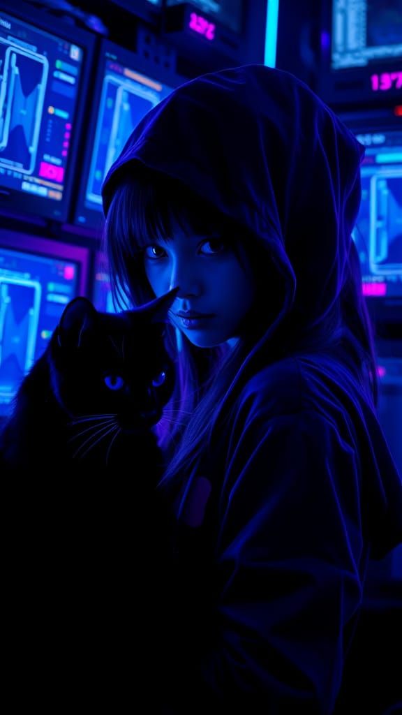Hacker Girl and Cat in Cyberpunk Eerie Light
