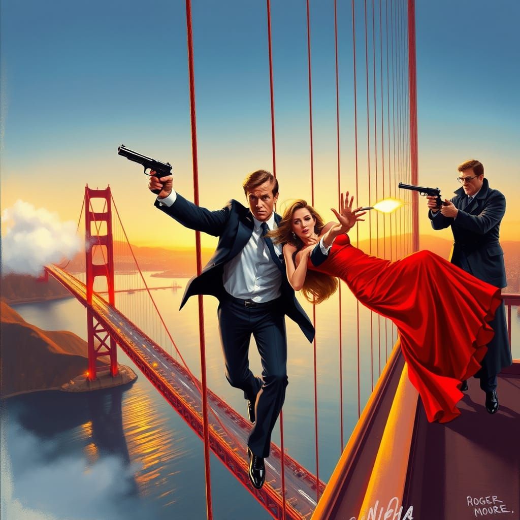 Roger Moore as 007 saving Tanya Roberts on Golden Gate Bridge with Christopher Walken shooting at them