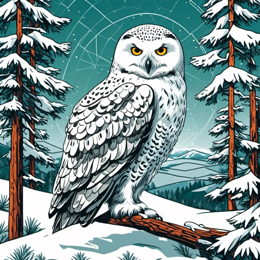 <lora:Screen Print:1.0> A snowy owl perched in a pine bough overlooking a snowy landscape, geometric background 