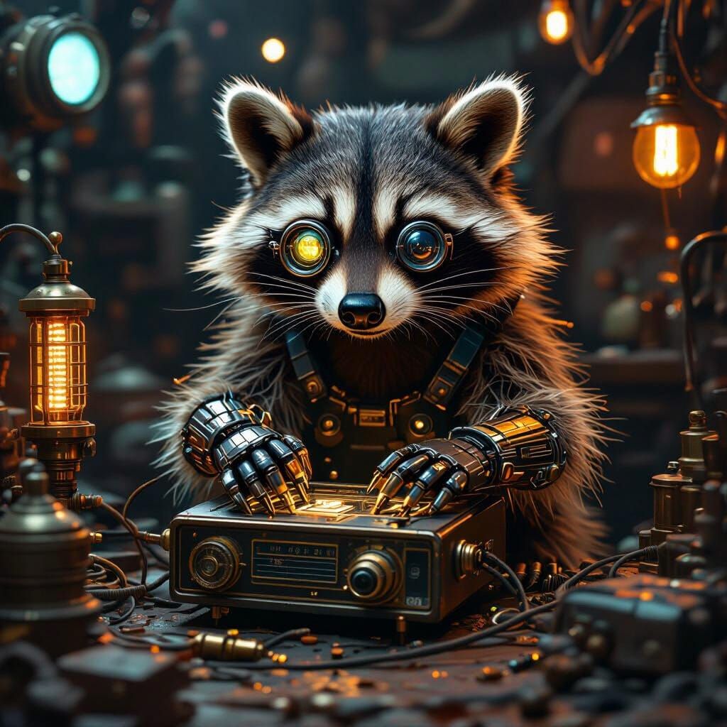 3. Gizmo - The Tinkerer Raccoon

Animal: Raccoon

Secret Hobby: Retro-Tech Salvager & Tinkerer

Cyberpunk Style & Color Scheme: Junkyard Chr...