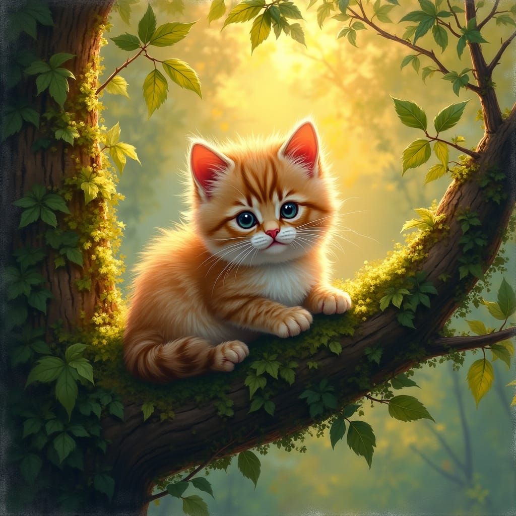 The kitten slowly gets up jumping of the branch as the fur waves in the gentle breeze
