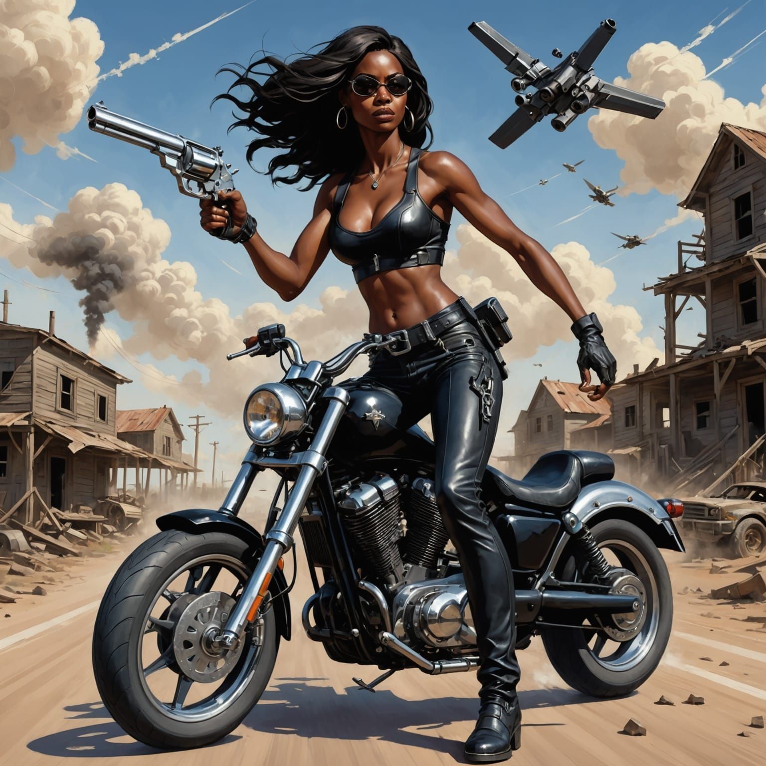 masterpiece, best quality, perfect face, flawless anatomy, 1 woman 18 year old dark skinned  as a female biker, in black leather pants and b...