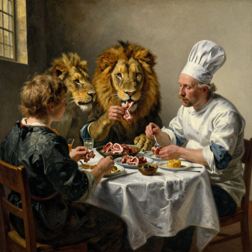 Shared Meal: Person, Lion, Chef Eat Together in Golden Age S...