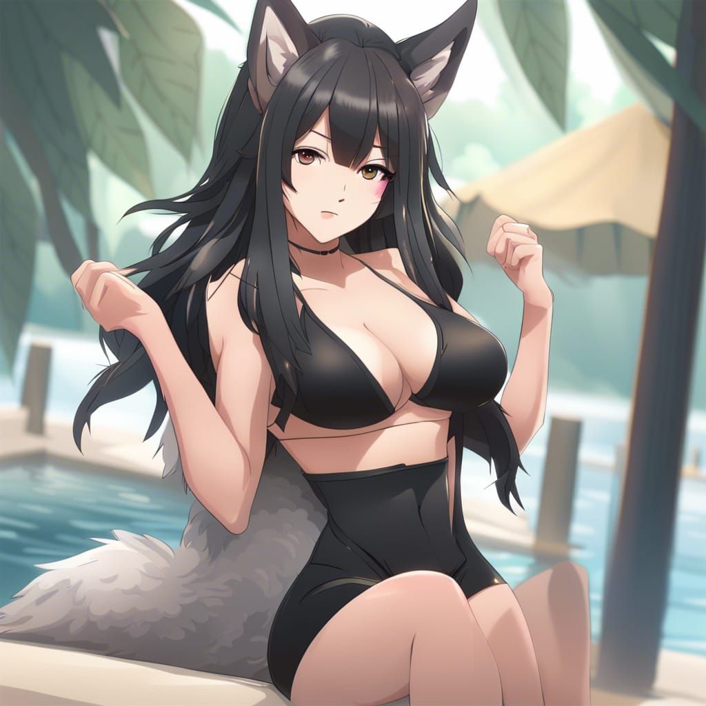 wolf-ears, bikini, black-hair, thick-thighs, thin-chest, mature-female - AI  Generated Artwork - NightCafe Creator