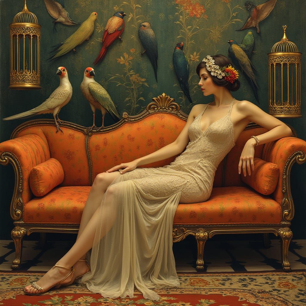 In the art deco style Eric Thor Sandburg 
1925 mon amour
Woman on a couch with birds and bird cages. ...  by @Robin the Bruce
