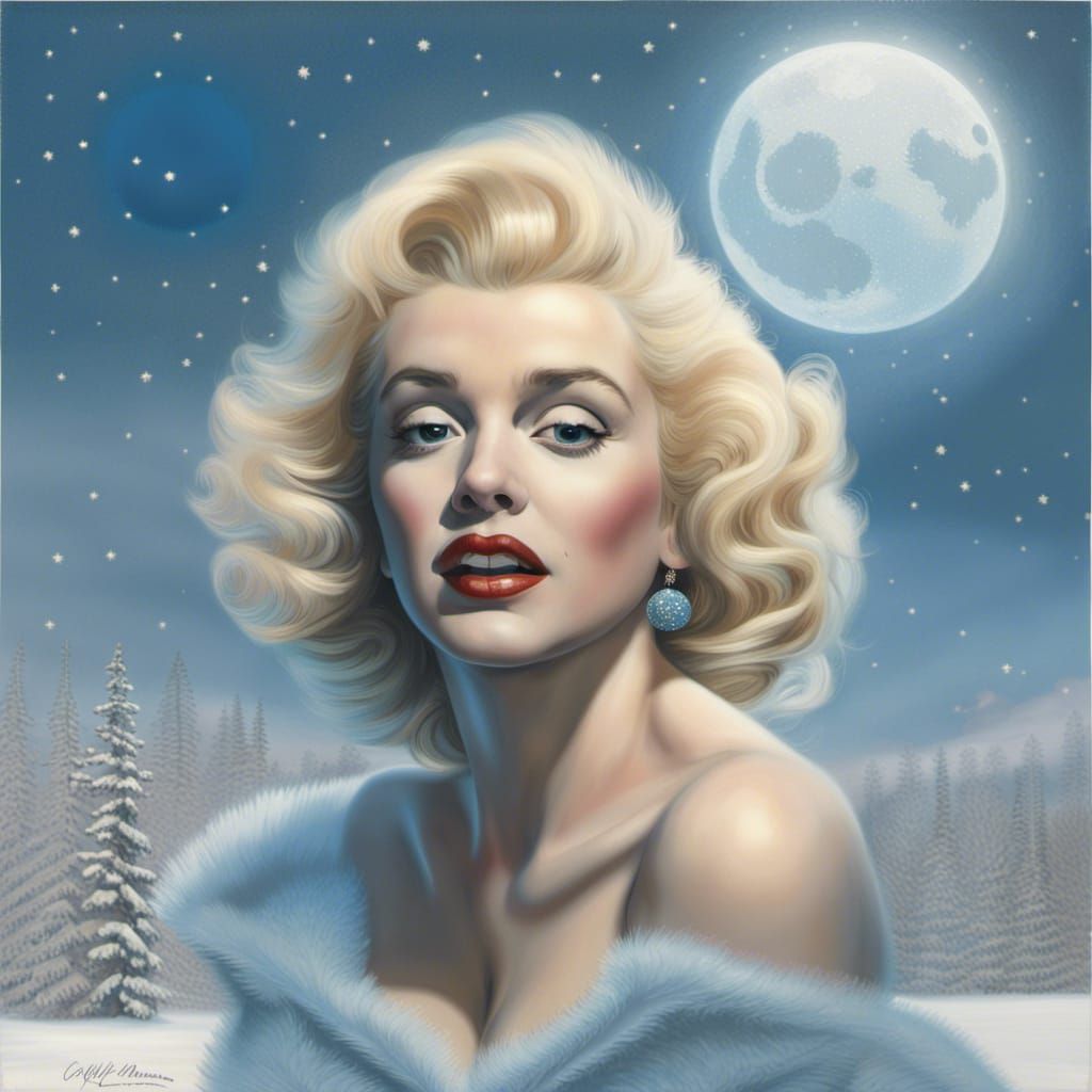 Photorealistic In a vast field of snow Marilyn Monroe stands facing you ...