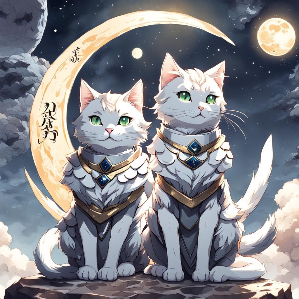 Cute Cats on the Moon in Anime Style