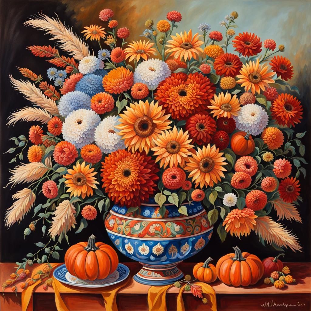 Autumn Flowers and Pumpkin Tablescape - AI Generated Artwork ...