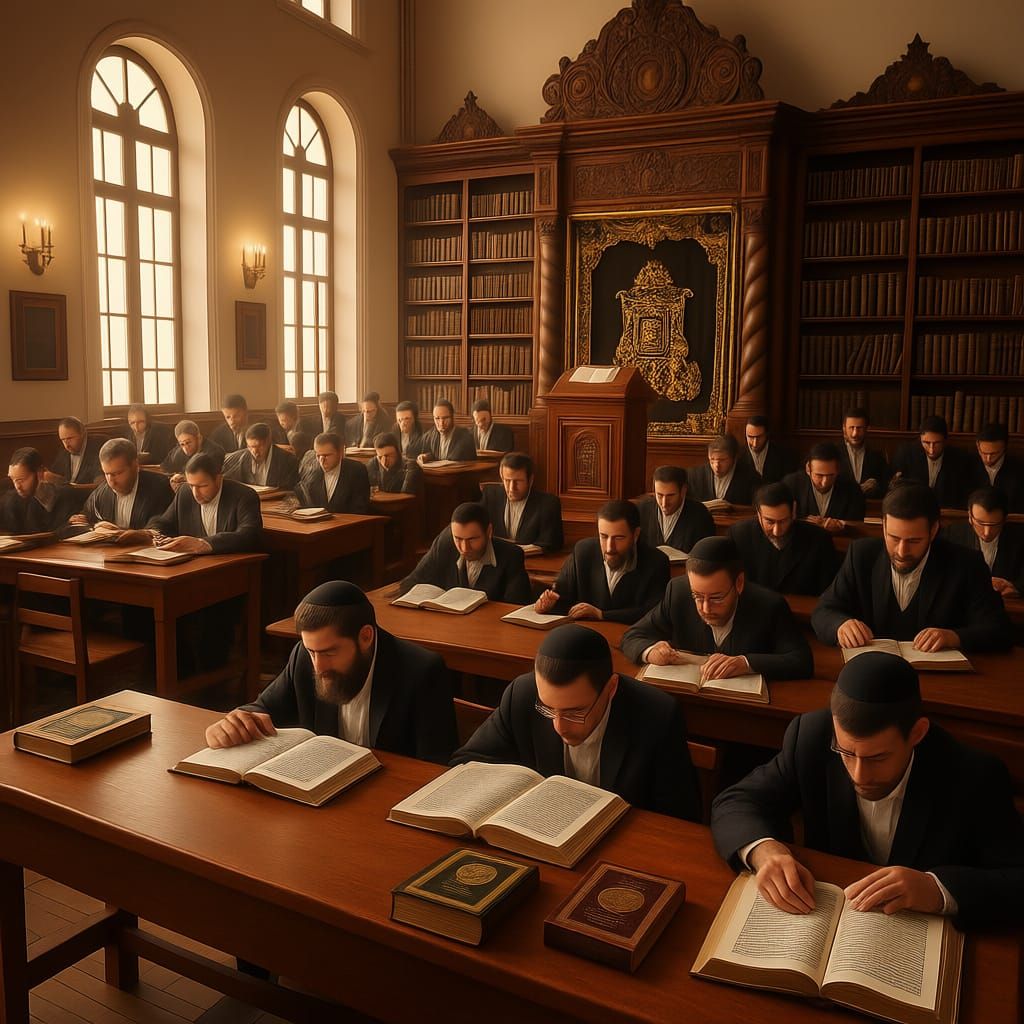 "A group of Jewish individuals sitting around tables in a traditional Jewish synagogue. Each of them is studying from holy books, with deep ...