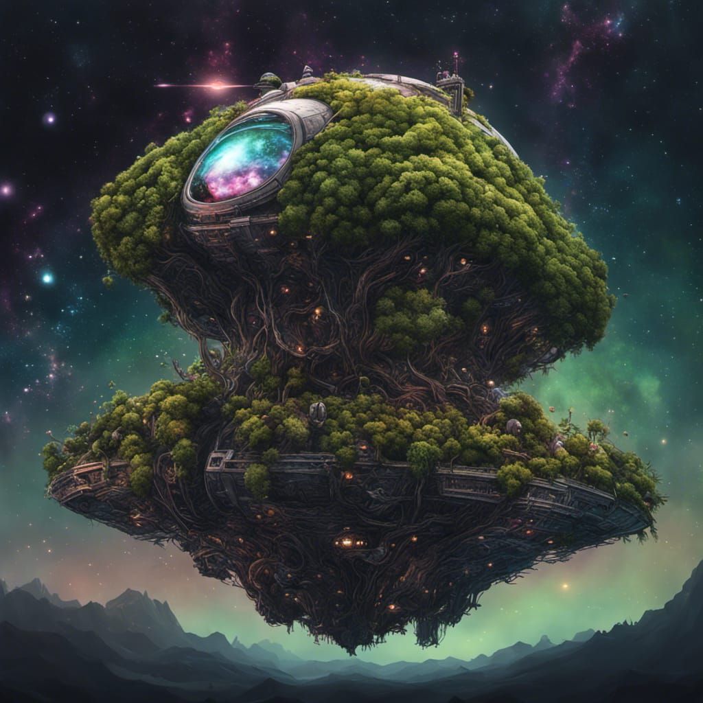 organic overgrown low poly spaceship by Mark Riddick, sci-fi...