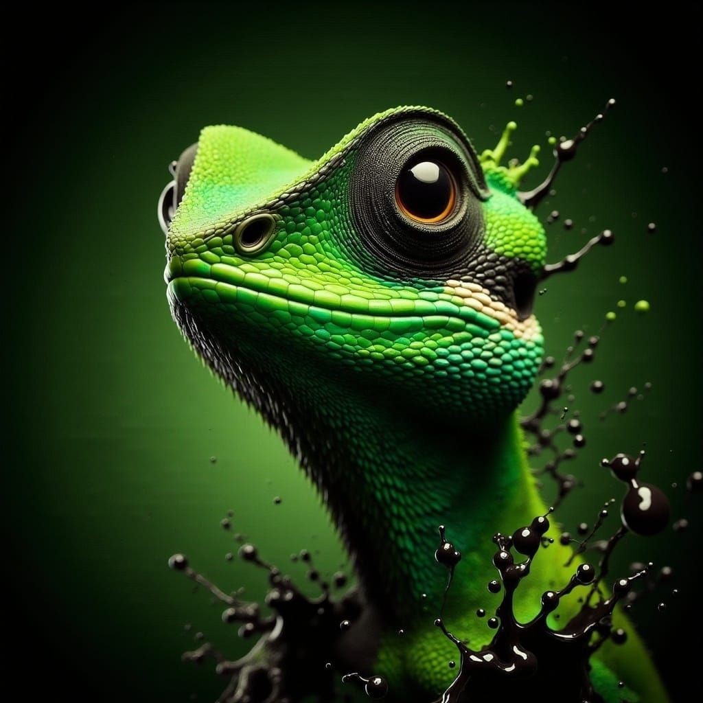 Full body shot of an adorable green lizard in the style of <lora:InkBlot:1.3>