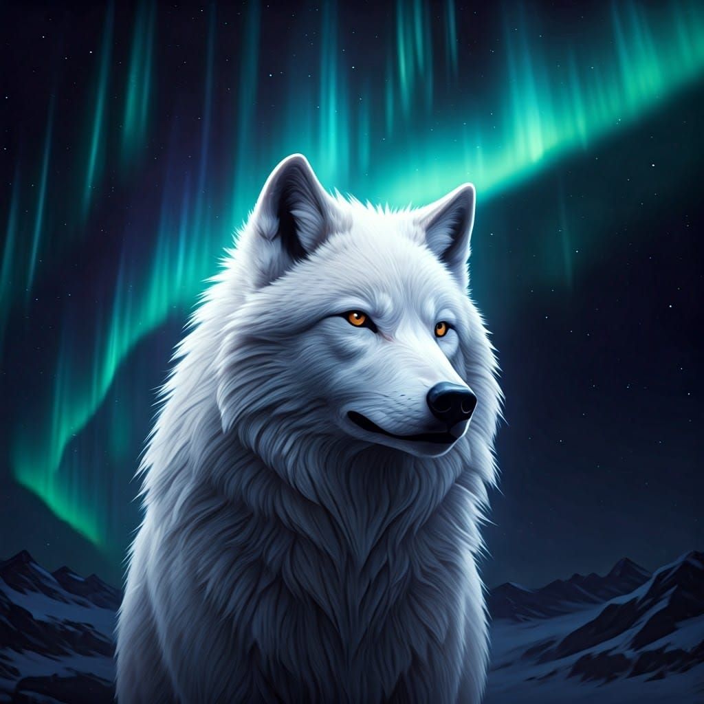 Majestic White Wolf Illuminates Ethereal Aurora