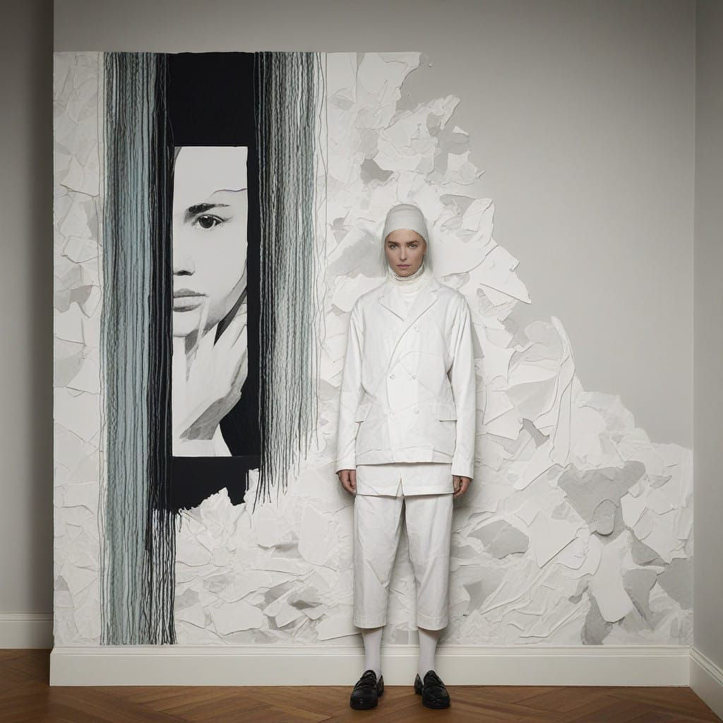 Surreal Fashion Portrait with Bold Fabrics and Soft Backgrou...