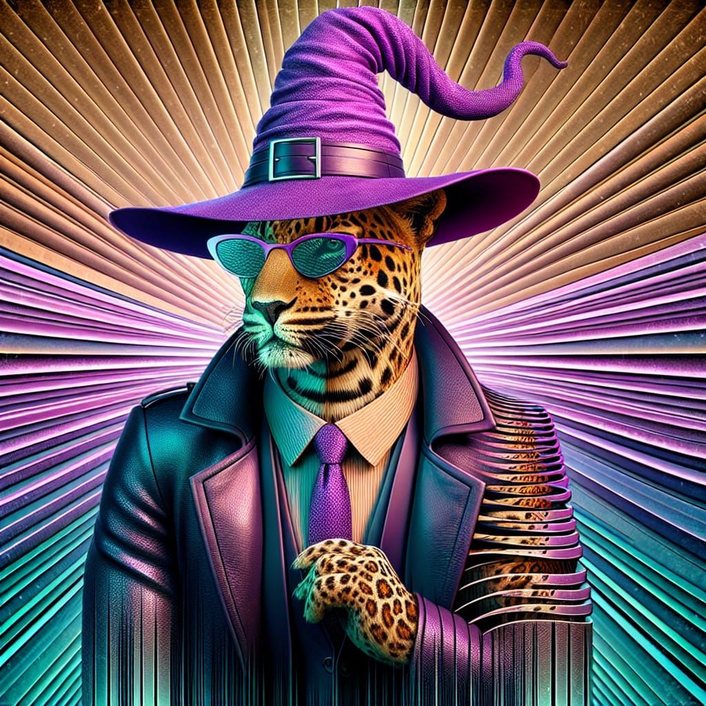 big antromorphic leopard with purple witch hat and sunglasse...