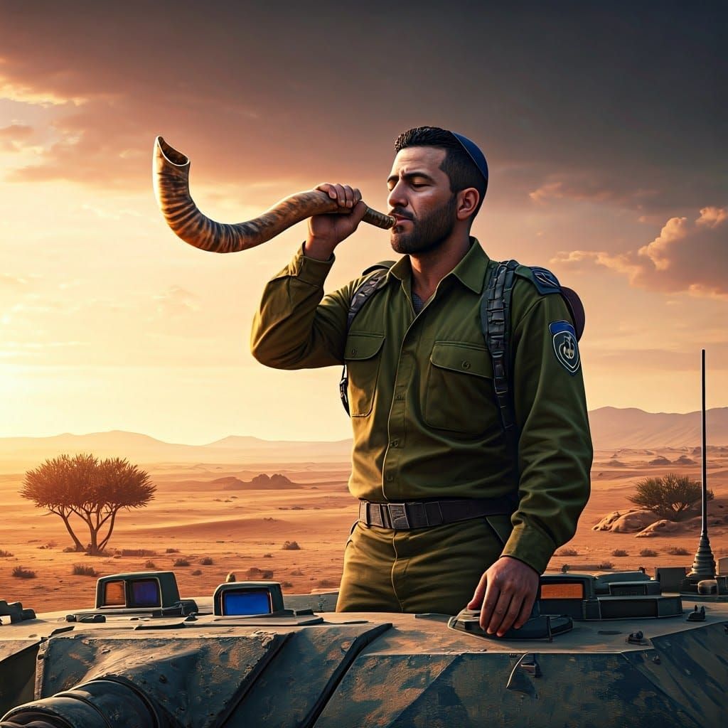 Israeli Soldier Shofar Sunset: Epic Matte Painting