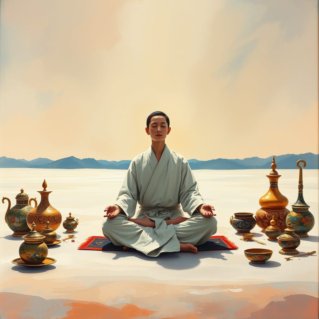 Serene Practitioner in a Maximalist Landscape of Intricately...