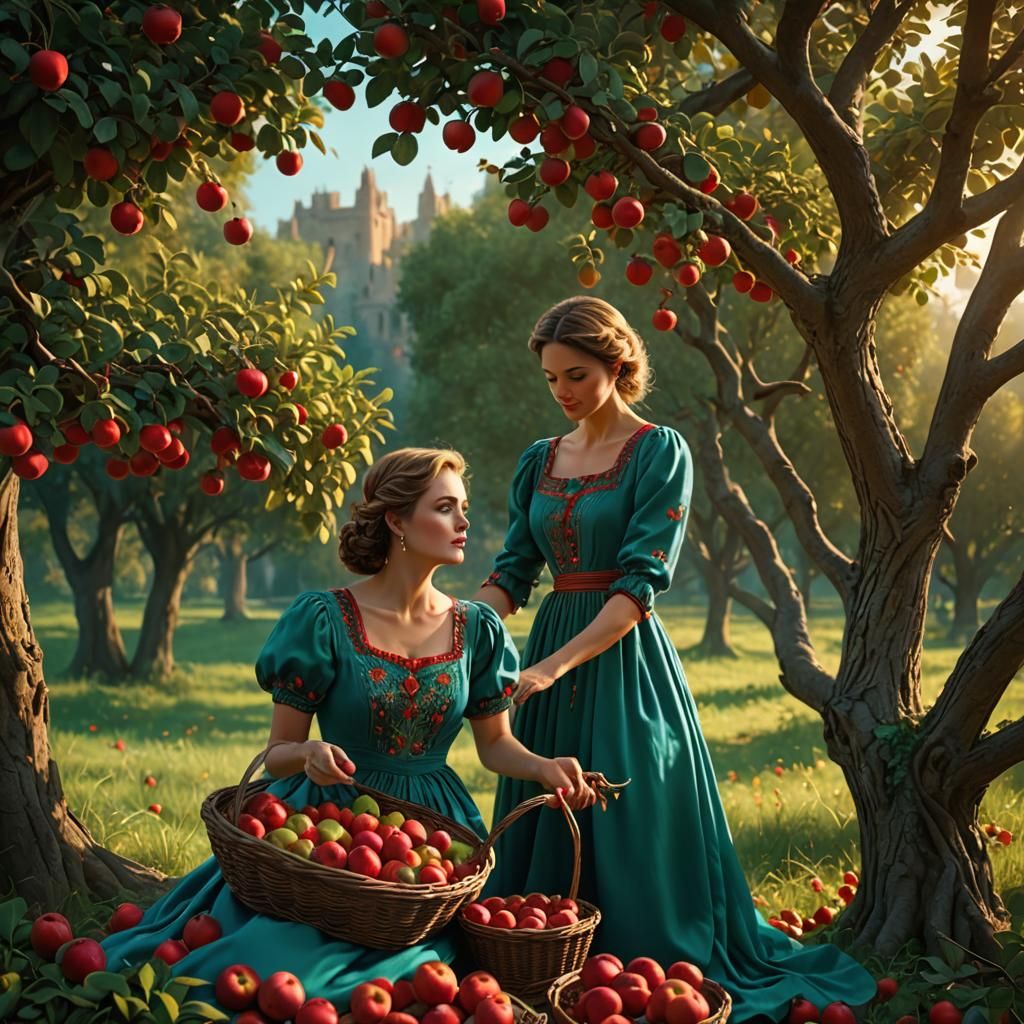 Woman in Turquoise Dress Gathering Red Apples