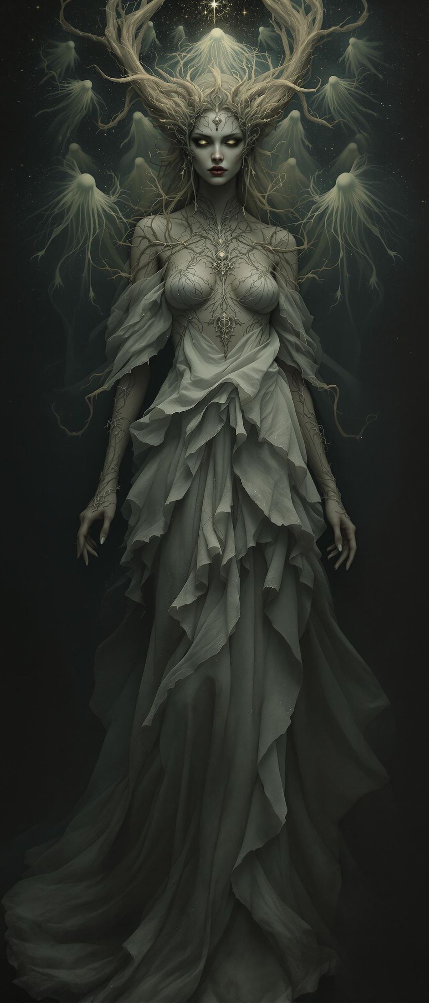 This image shows a mystical, otherworldly maiden with an unblinking gaze, surrounded by a hypnotic square dance in a dark, eerie atmosphere....