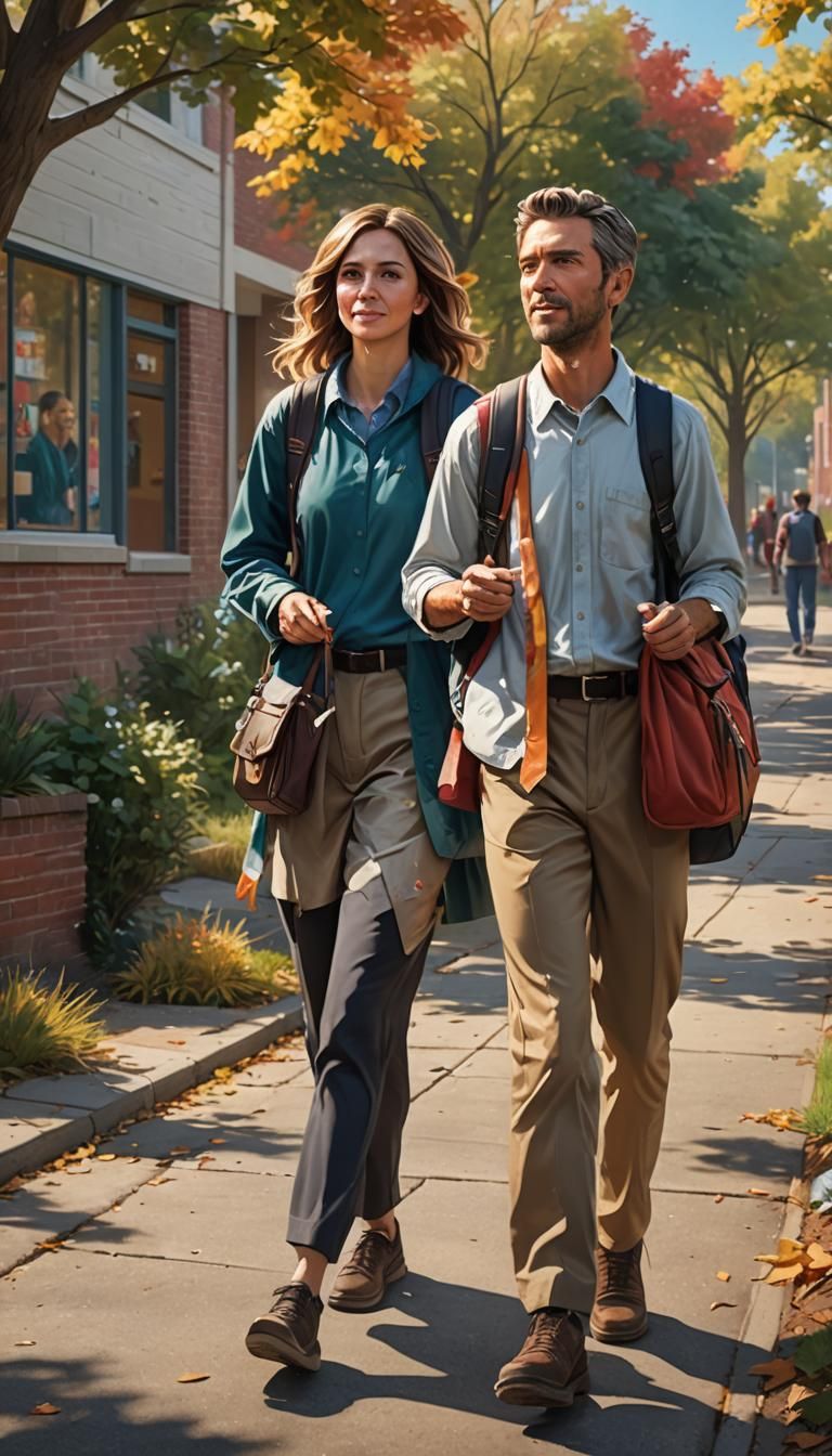 husband and wife, outdoors, walking to school, meet students...