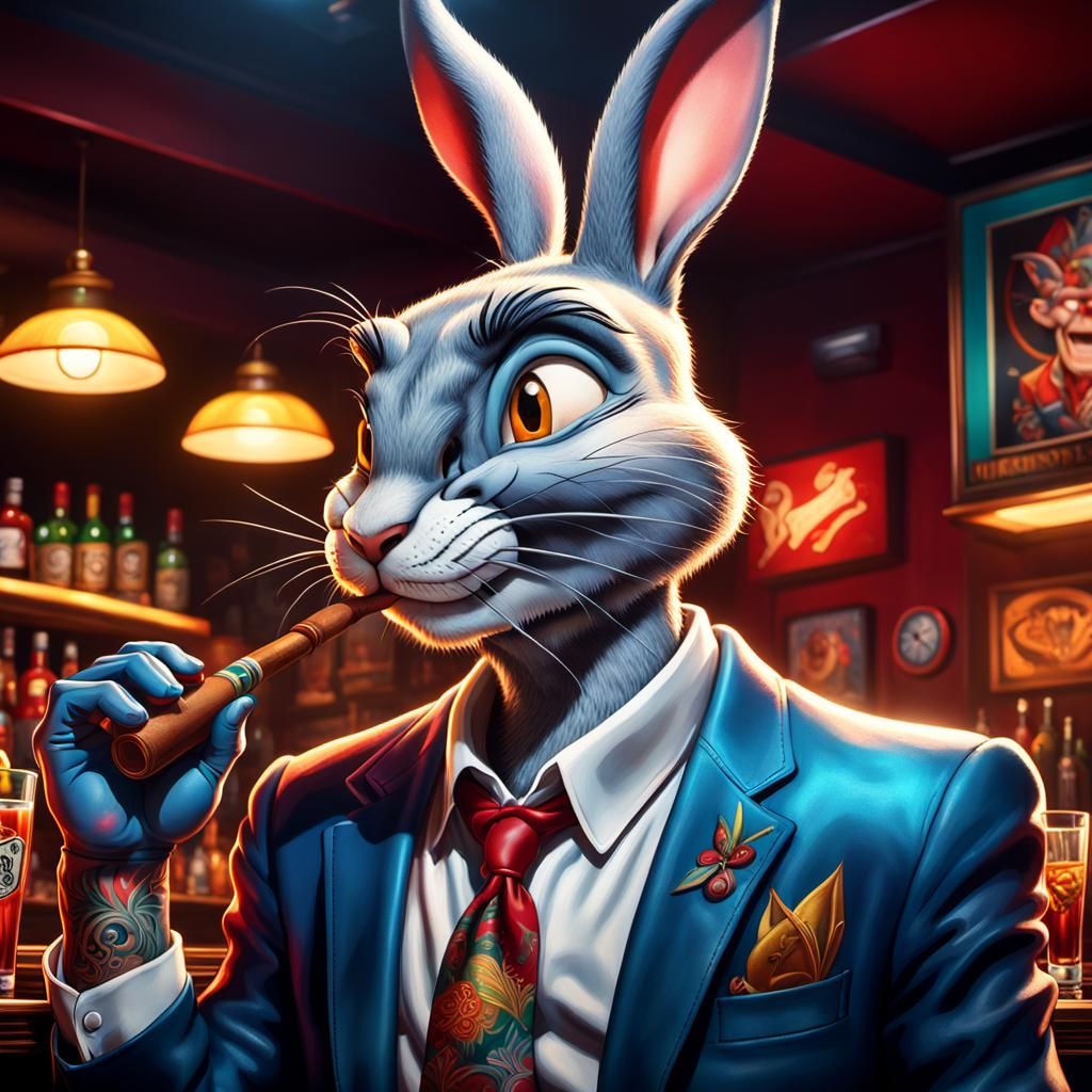 Bugs bunny with tattoos and smoking and drinking