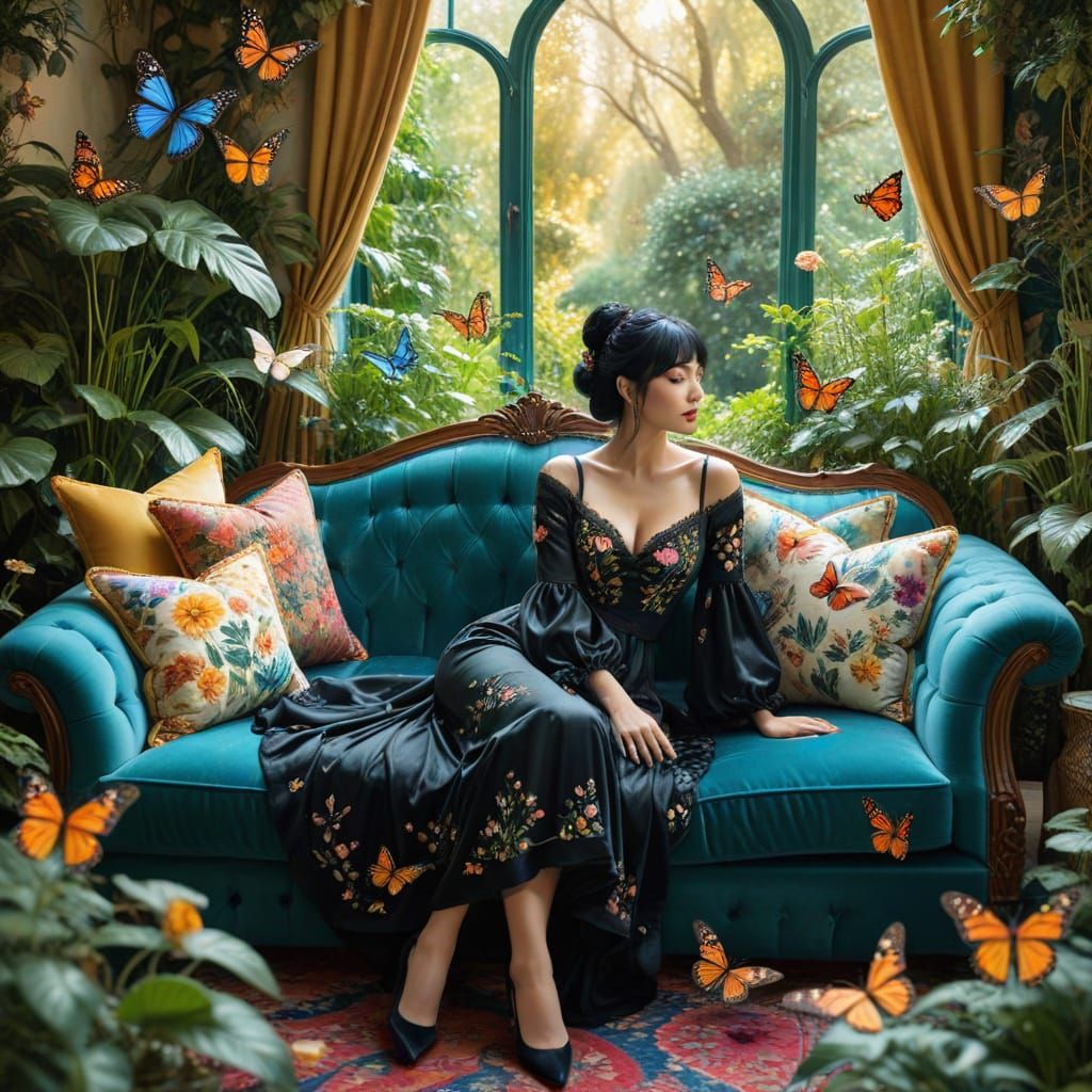 Beautiful woman with black hair enjoys a cup of tea on a plush velvet sofa in a maximalist English garden in the cotswalds, butterflies, mar...