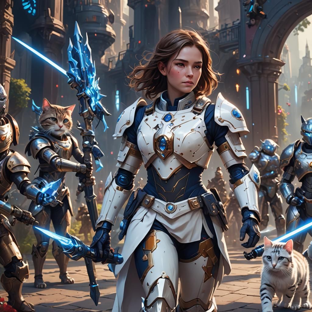 white and navy armor  with blue glowing saber mace   by @melody