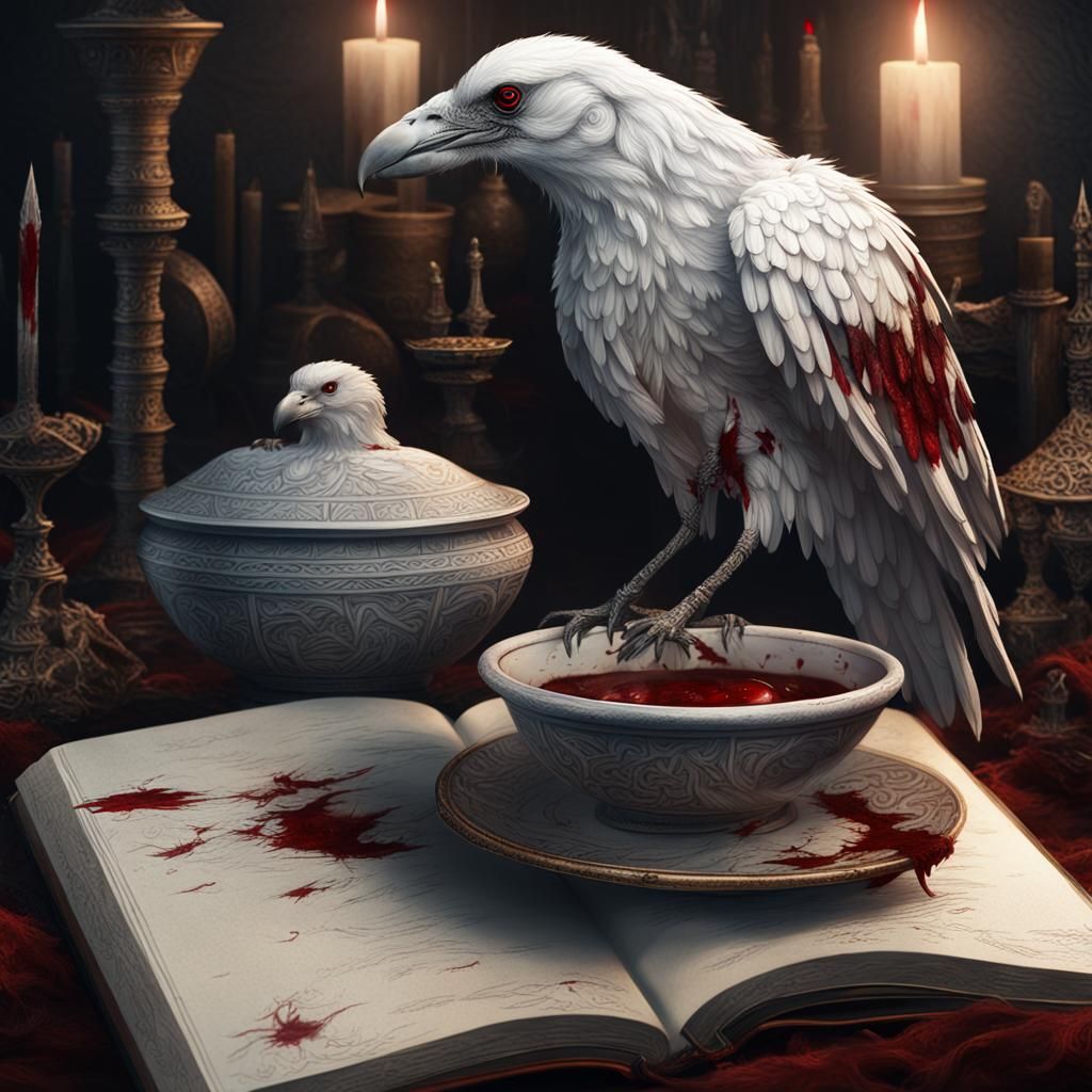 front of the book, a drawn white raven with bloody feathers,...