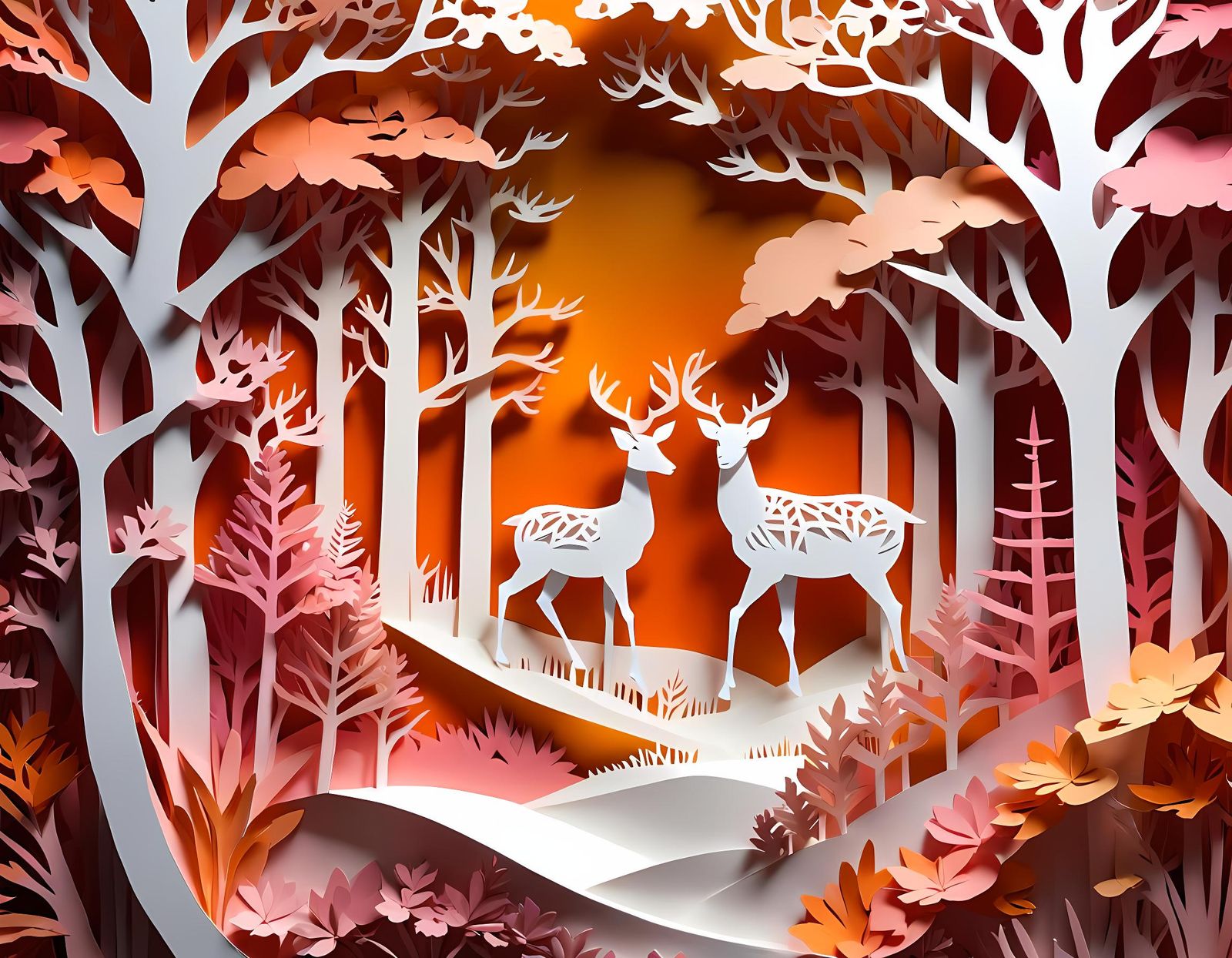 Kirigami art of deers in ethereal forest landscape.  by @Evipls