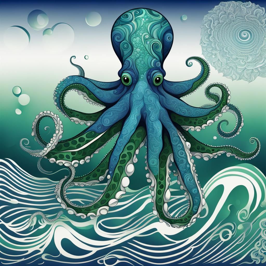 zentangle blue and green and octopus with ocean in the backg...