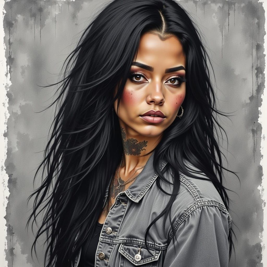 <lora:Scruffy Intensity:1.0> watercolor alcohol ink artistic portrait, young black woman portrait, gray denim jacket, grunge, poster style,...