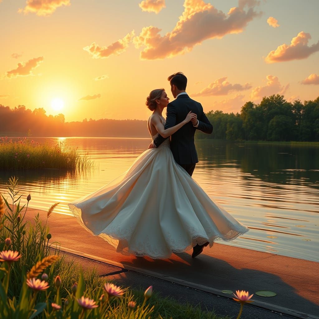 Ethereal Couple in Dreamy Lake Scene