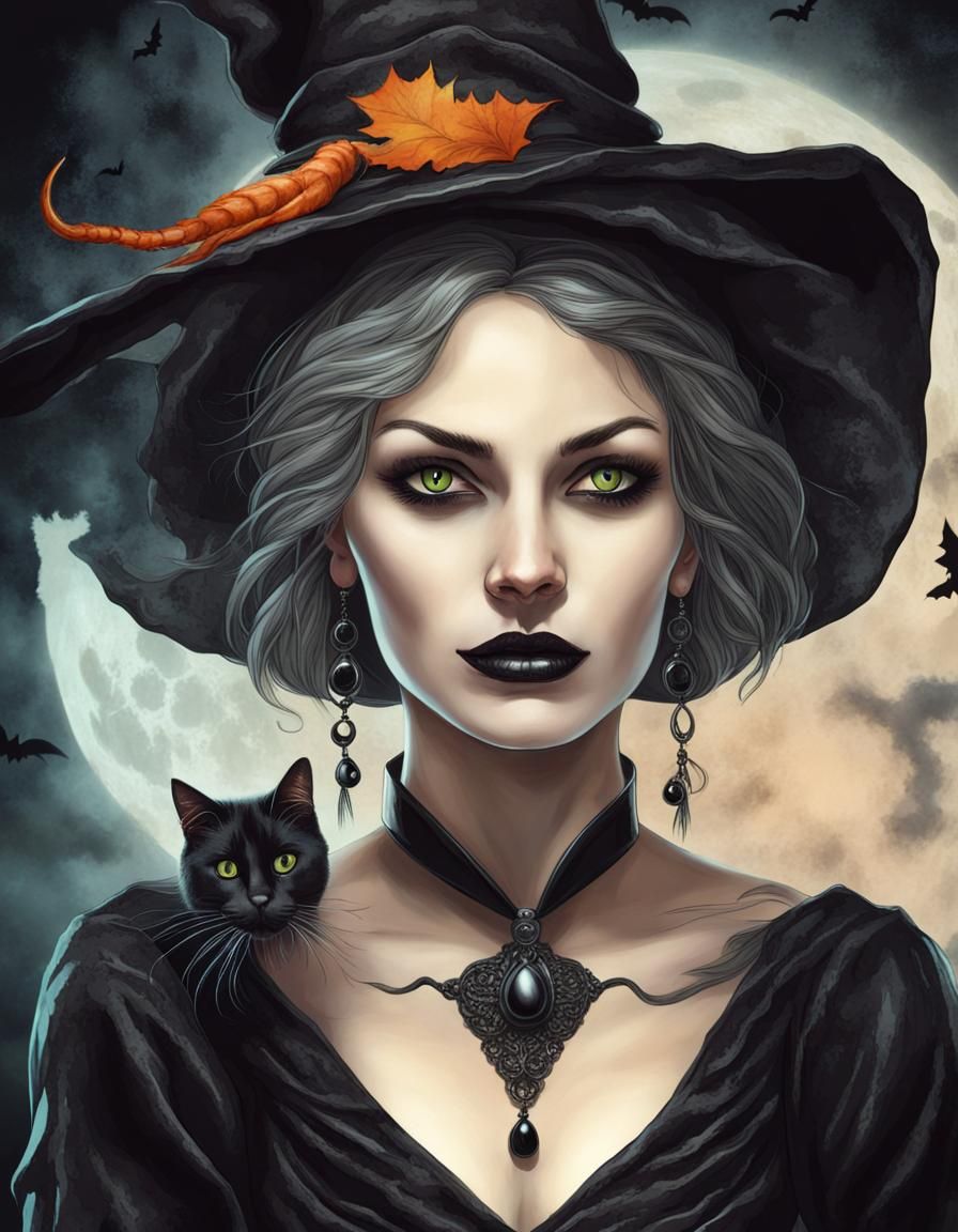 Witch with black cat and spooky background