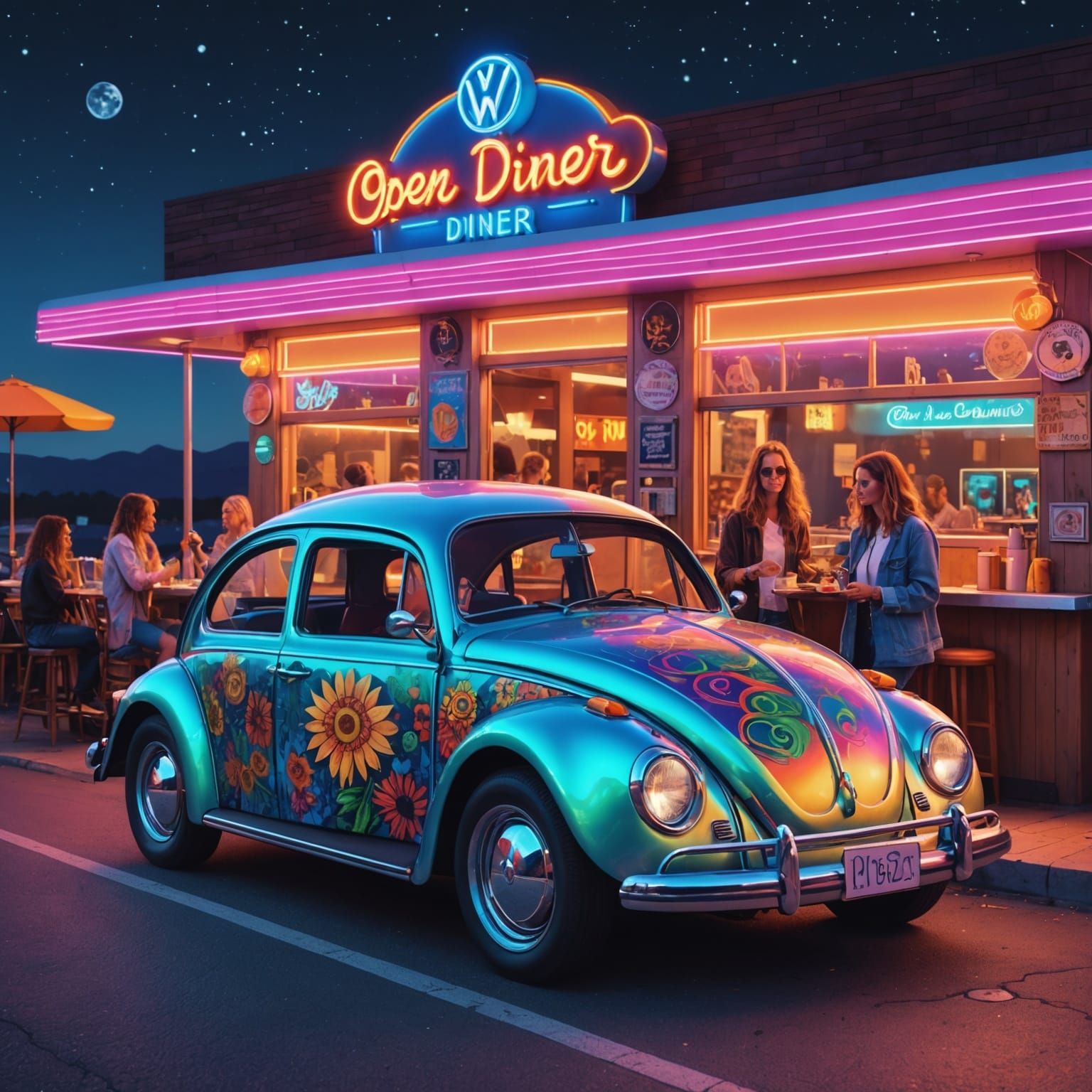 TRIPPY Hippy VW bug car at a roadside diner neon open sign with women hippy clothes   by @Candice 