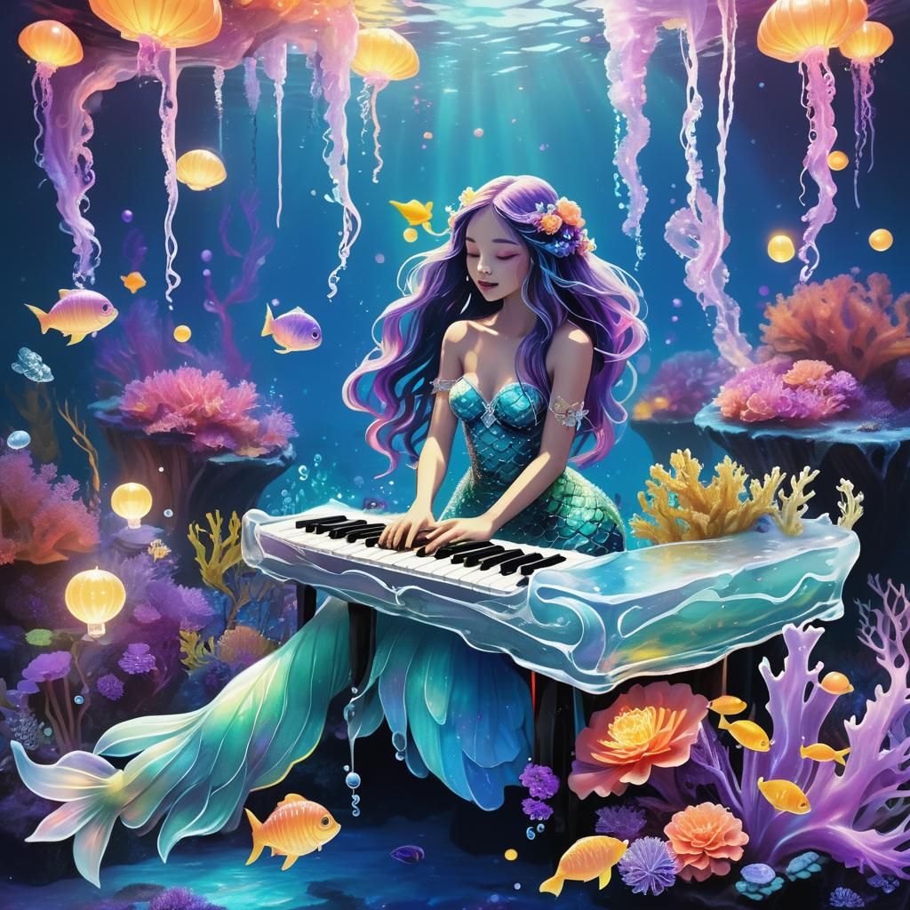 Mermaid's Icy Piano: Oceanic Fantasy Art