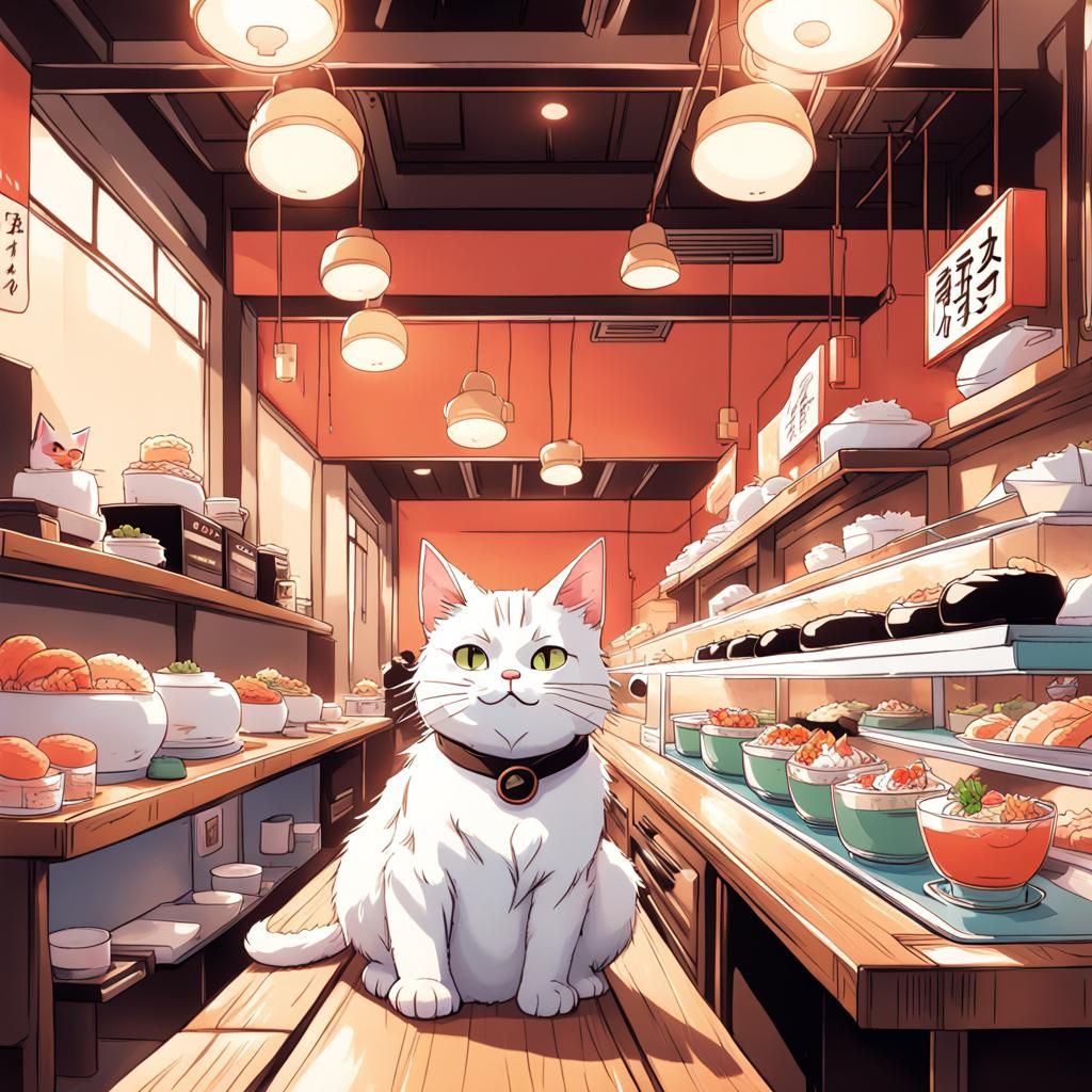 Cat-Operated Sushi Restaurant in Anime Style