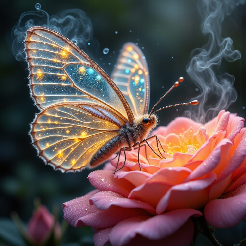 Stunning butterfly with beautiful wings made of smoke, gold and smoke flecks, and a very beautiful colorful glow perched on a dew covered ro...