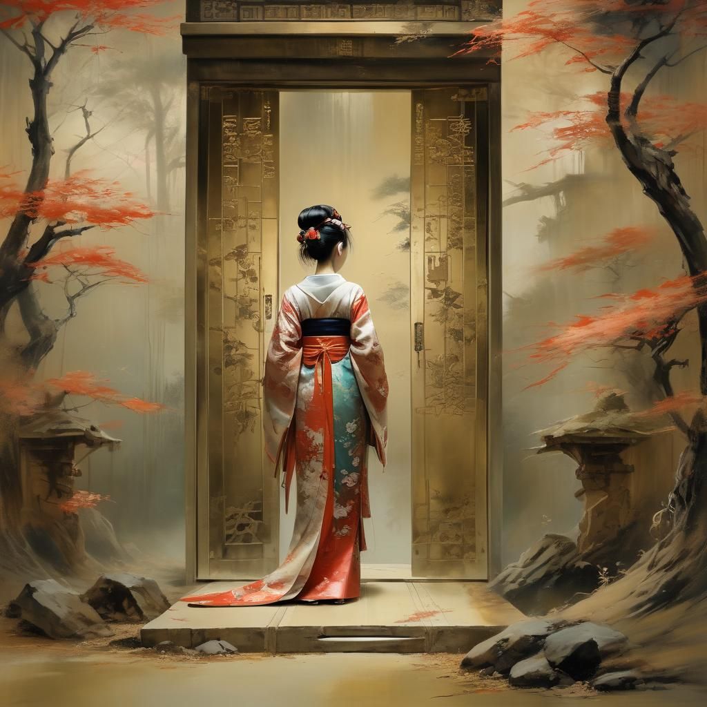 geisha entering a shrine through sliding doors, Anne Bachelier, hyperdetailed  by @Hek