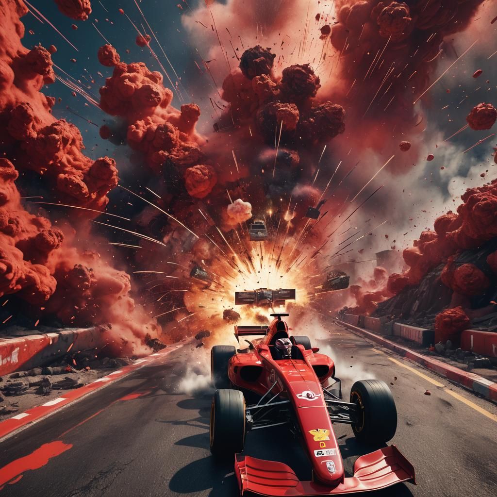 Salvador Dali in a F1 car fluorecent red style exploding