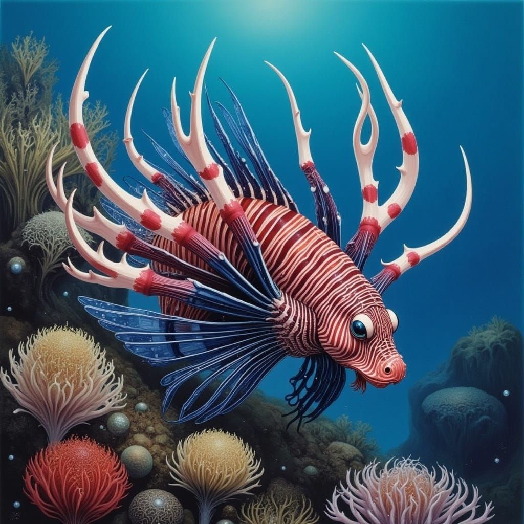 <lora:LAST FAIRYTALE:1.0> Lionfish in a coral reef 