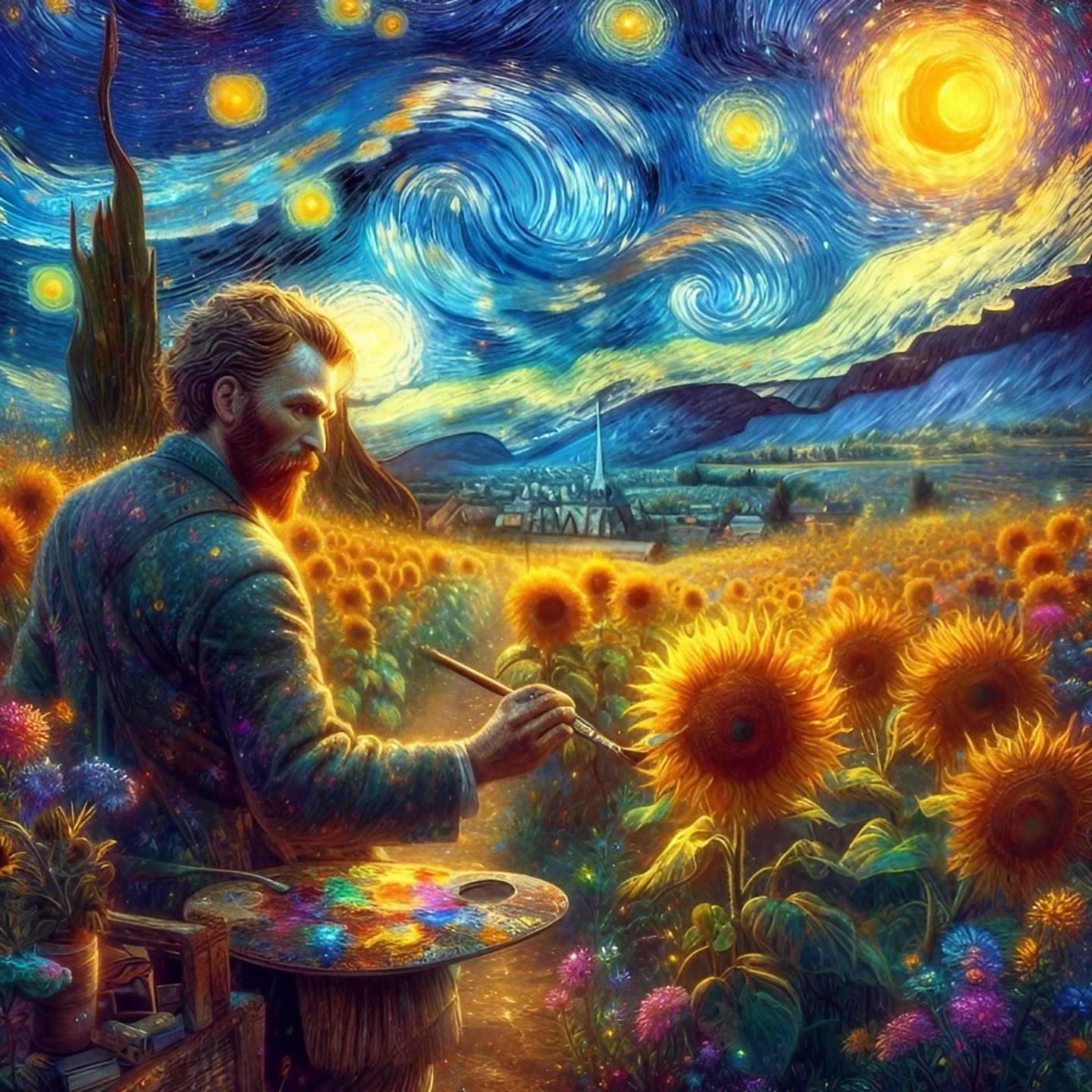 Painting Sunflowers Under a Starry Night  by @Ria Hagane