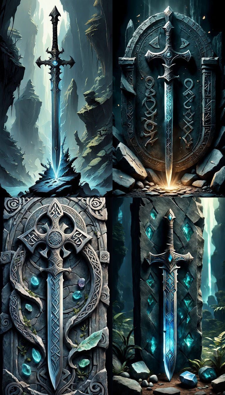 A majestic, ancient sword forged from a single piece of rugged, grey stone, adorned with intricate, mystical runes that ...