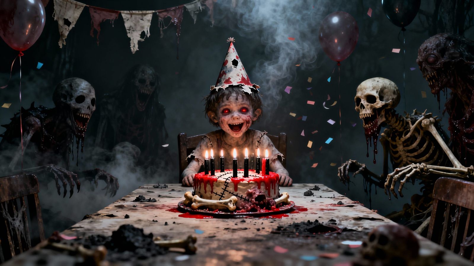 dark horror, cinematic lighting, ultra-detailed 8K masterpiece — a monstrous birthday scene centered on a single horrify...