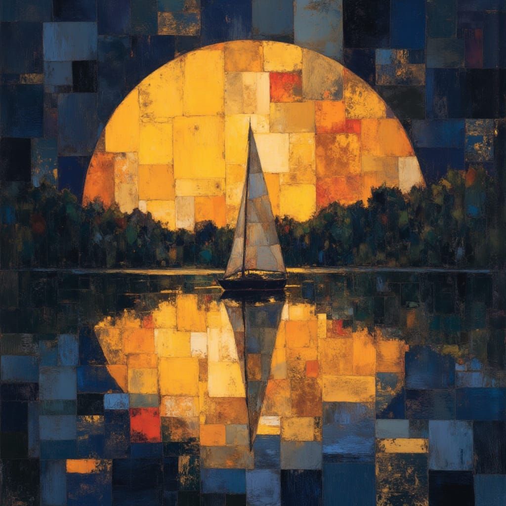 Small sailboat on a lake, with refections. Night landscape in orange-yellow brilliant highlights and dark blue shadow tones. Watercolor. Mod...