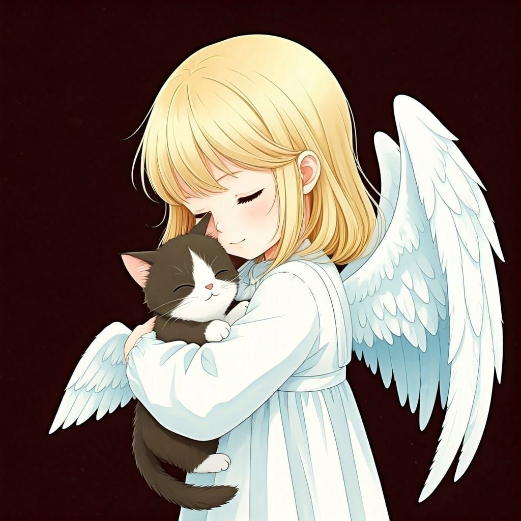 Cute Angel Girl Hugging Winged Cat: Anime Manga